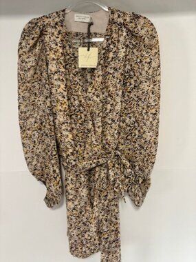 Dress Forum Los Angeles Womens L Beige Geometric Puff Sleeve Wrap Dress NWT